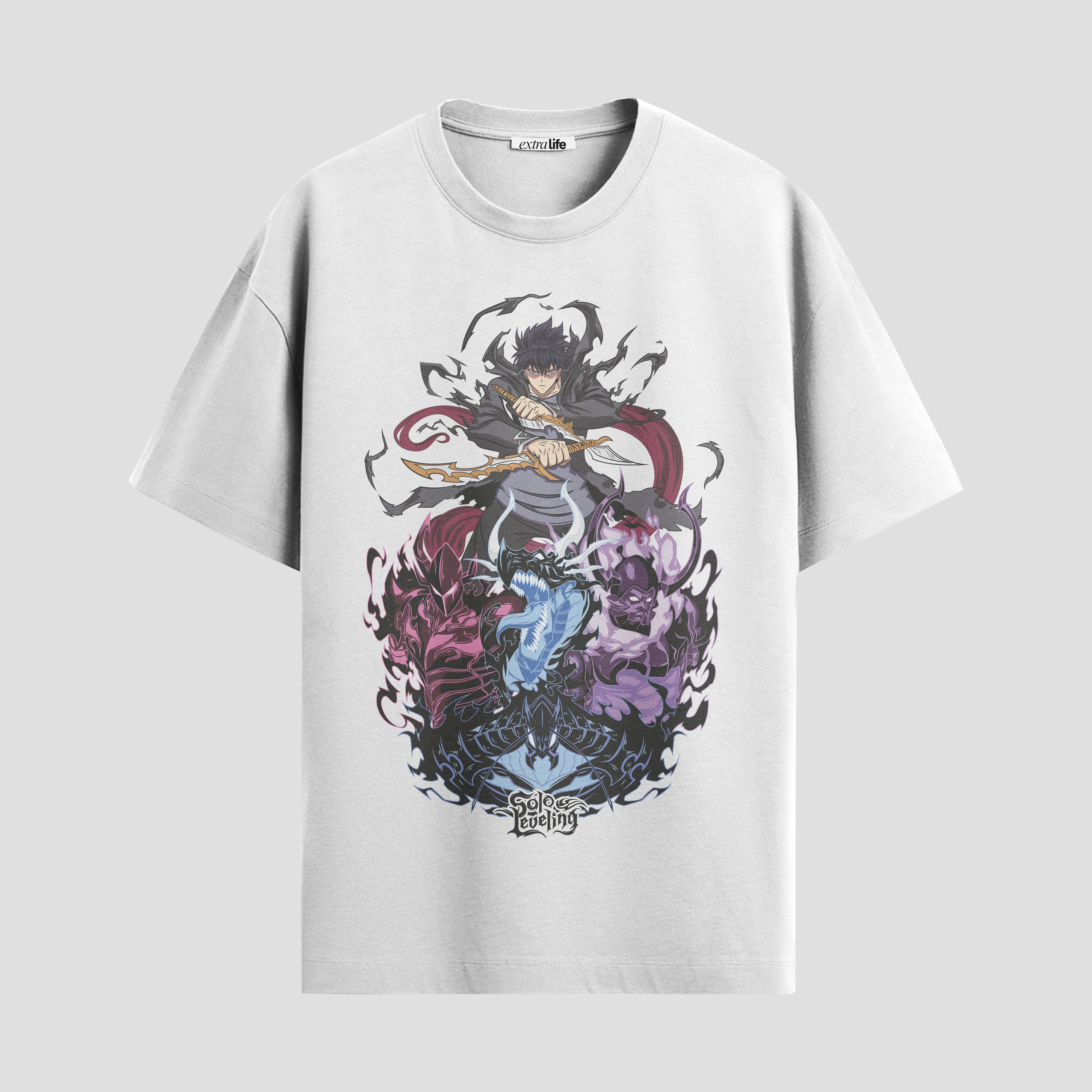 Playera urbana de anime y gaming ExtraLife MX, corte Standard Fit unisex ligero y transpirable en color Deep Black y Pure White, ropa de uso diario para gym y casual.