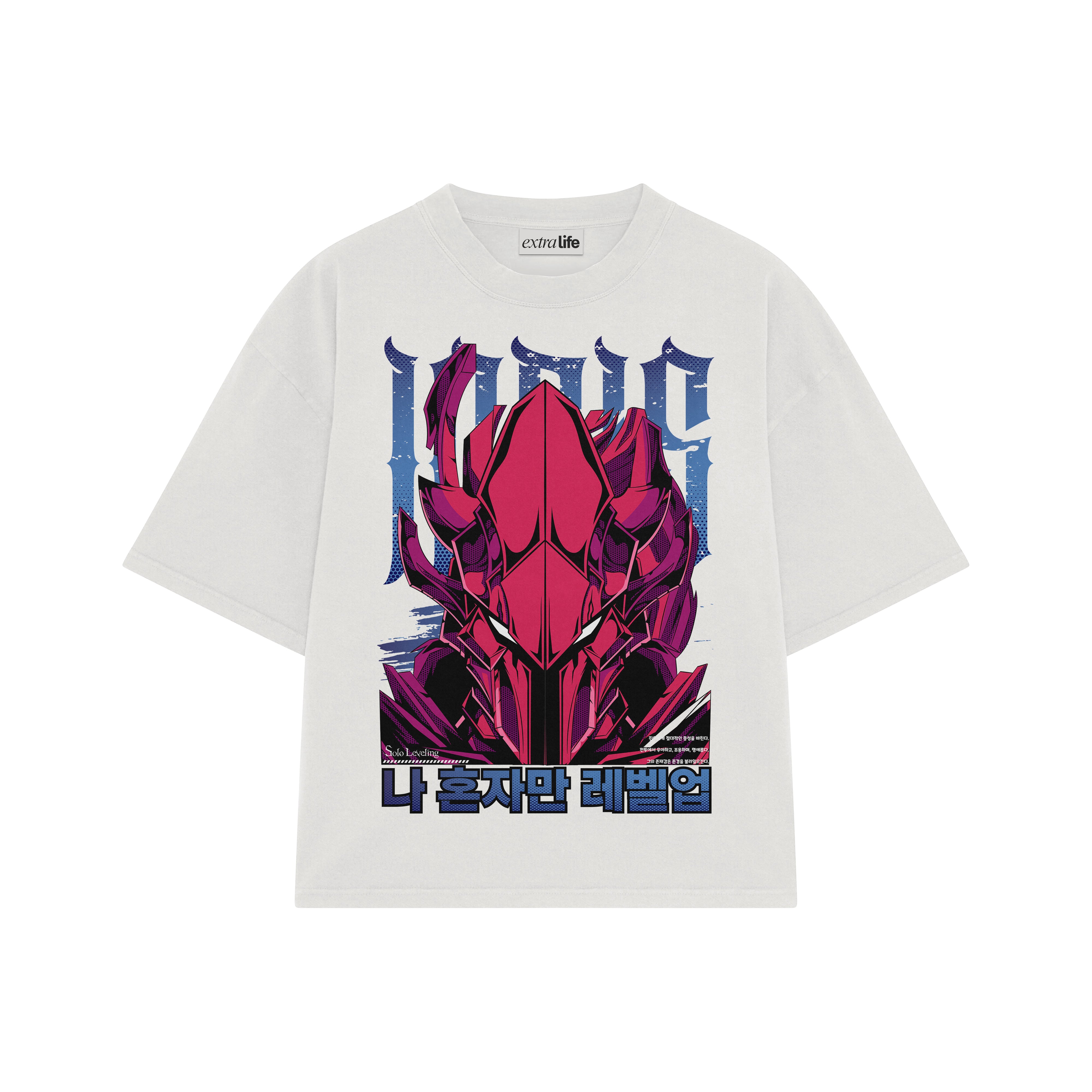 Playera streetwear premium de anime y gaming ExtraLife MX, corte boxy oversized drop shoulder heavyweight en color Deep Black y Off-White, moda urbana mexicana de culto.