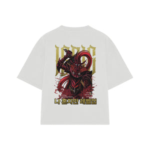 Playera streetwear premium de anime y gaming ExtraLife MX, corte boxy oversized drop shoulder heavyweight en color Deep Black y Off-White, moda urbana mexicana de culto.