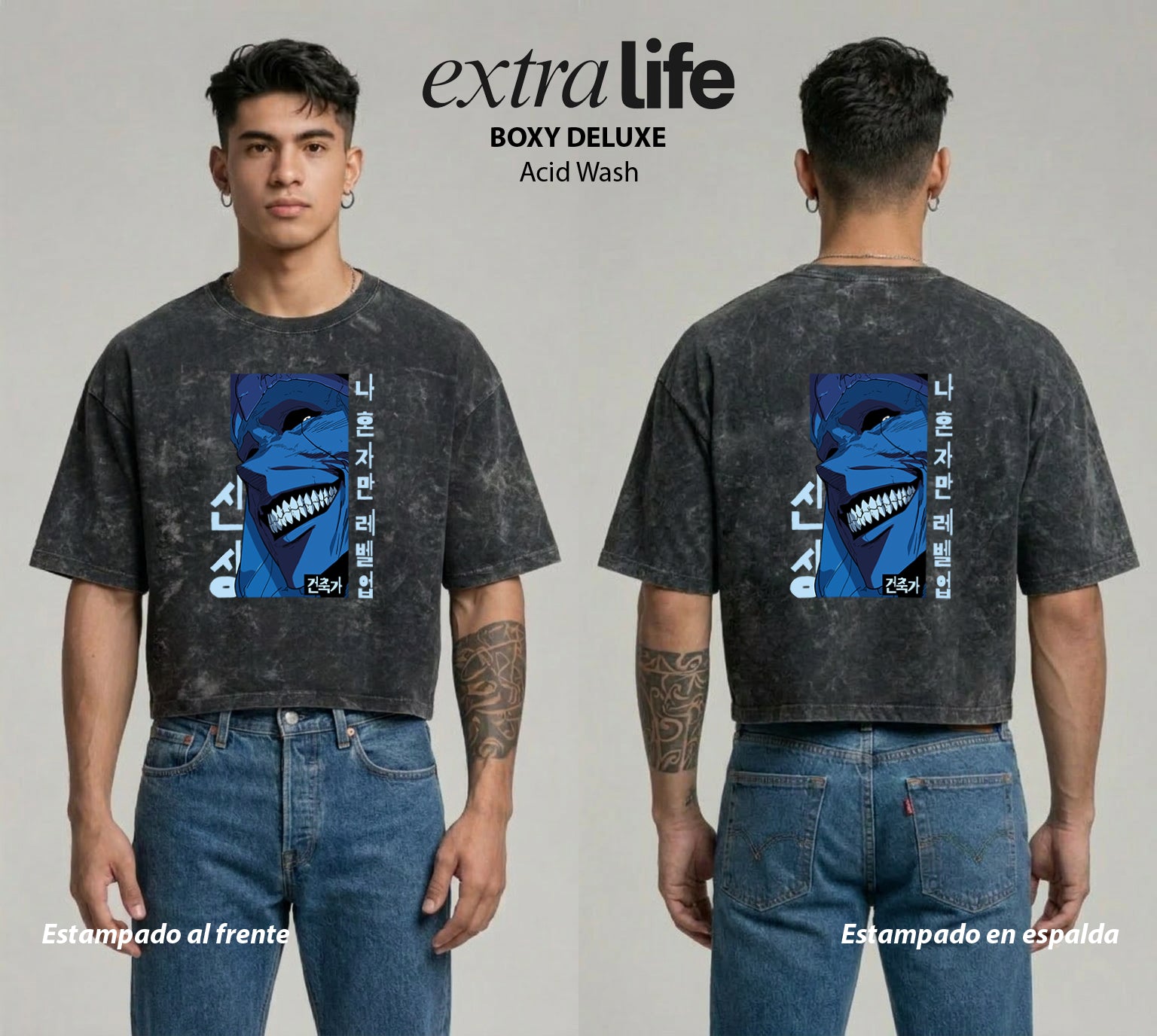 Playera streetwear premium de anime y gaming ExtraLife MX, corte boxy deluxe mineral wash heavyweight en color Acid Wash, moda urbana mexicana de culto.