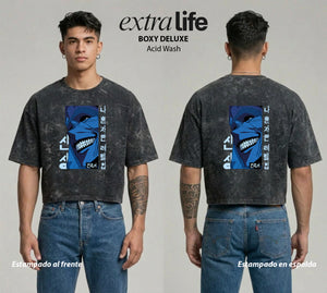 Playera streetwear premium de anime y gaming ExtraLife MX, corte boxy deluxe mineral wash heavyweight en color Acid Wash, moda urbana mexicana de culto.