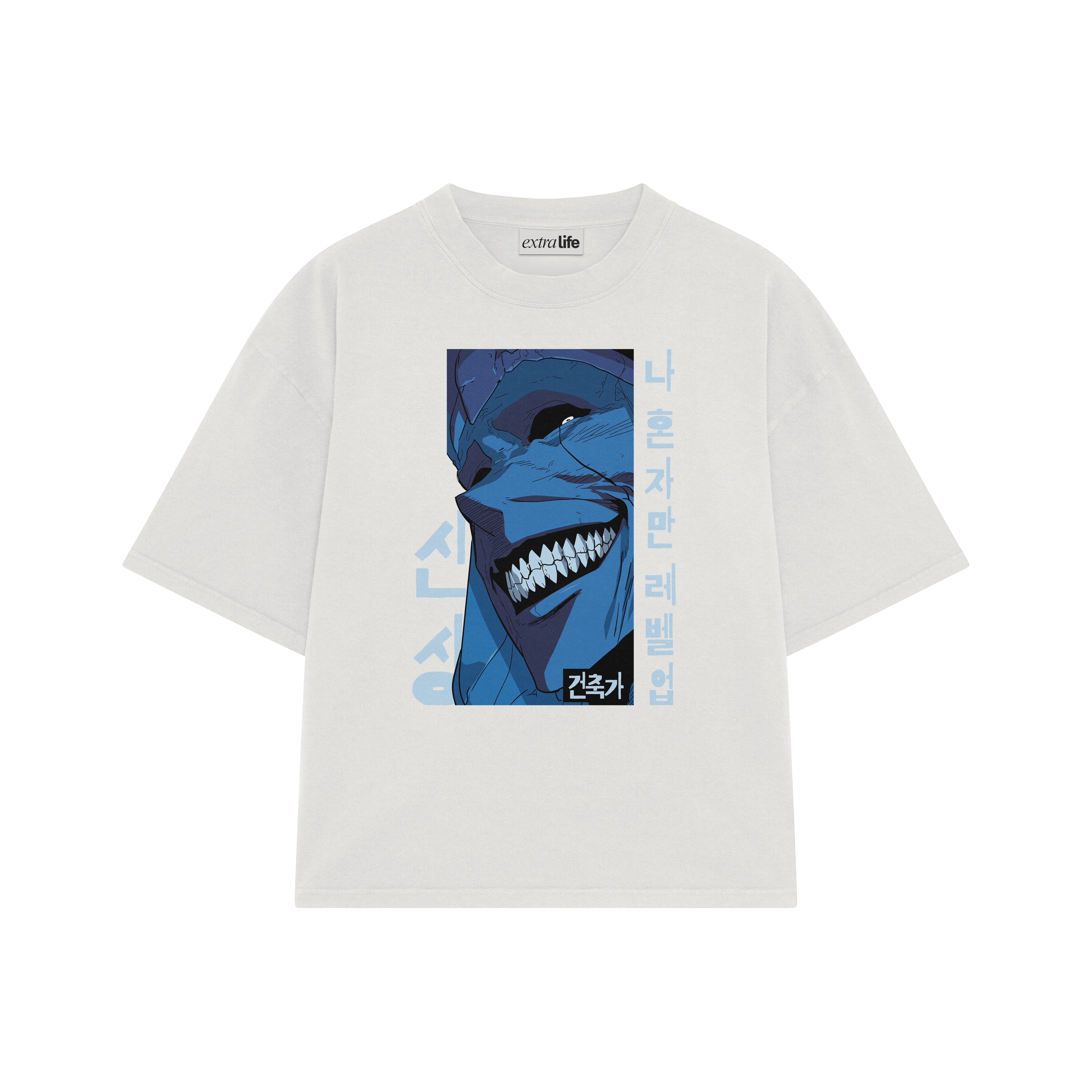 Playera streetwear premium de anime y gaming ExtraLife MX, corte boxy oversized drop shoulder heavyweight en color Deep Black y Off-White, moda urbana mexicana de culto.