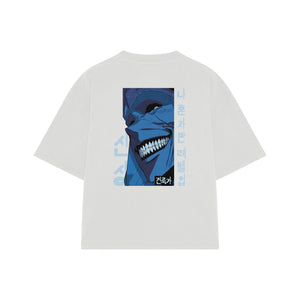Playera streetwear premium de anime y gaming ExtraLife MX, corte boxy oversized drop shoulder heavyweight en color Deep Black y Off-White, moda urbana mexicana de culto.