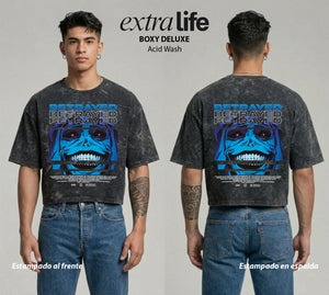 Playera streetwear premium de anime y gaming ExtraLife MX, corte boxy deluxe mineral wash heavyweight en color Acid Wash, moda urbana mexicana de culto.