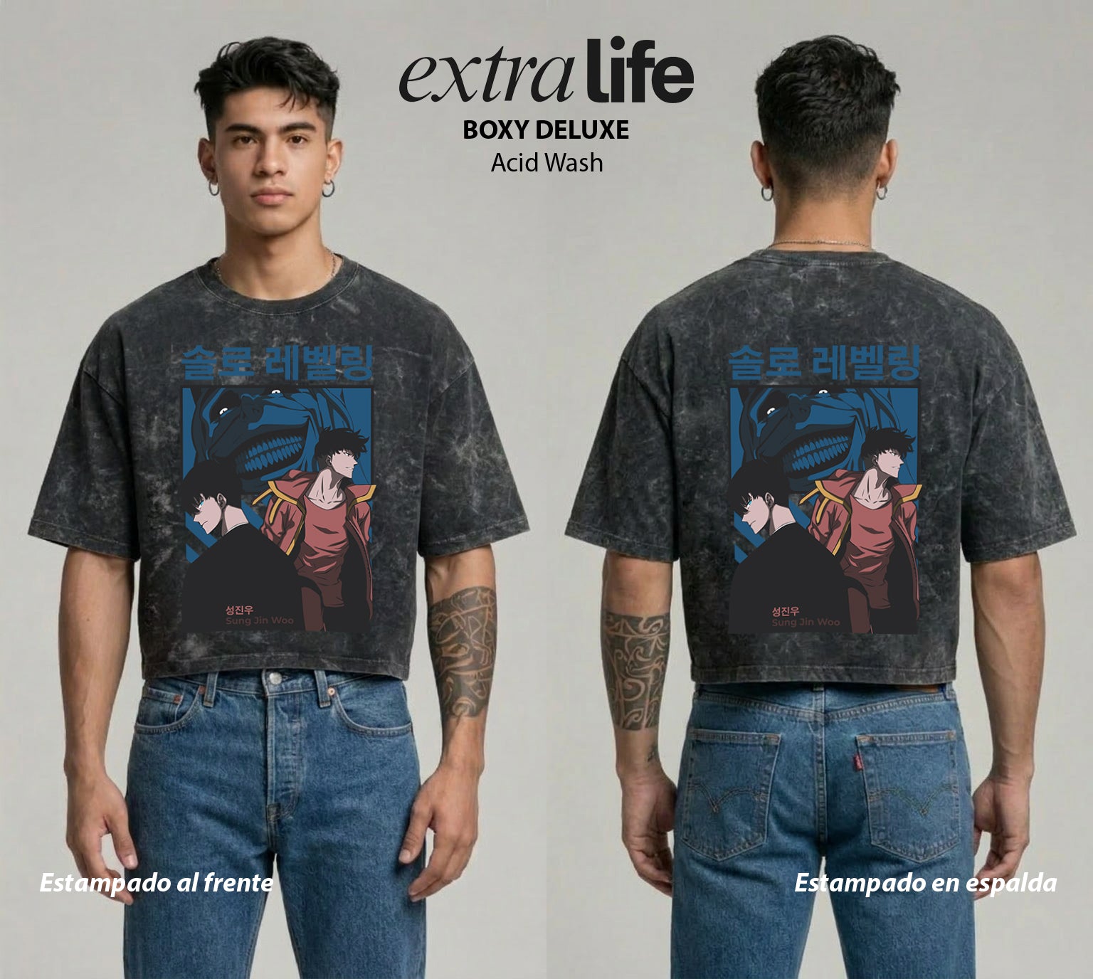 Playera streetwear premium de anime y gaming ExtraLife MX, corte boxy deluxe mineral wash heavyweight en color Acid Wash, moda urbana mexicana de culto.