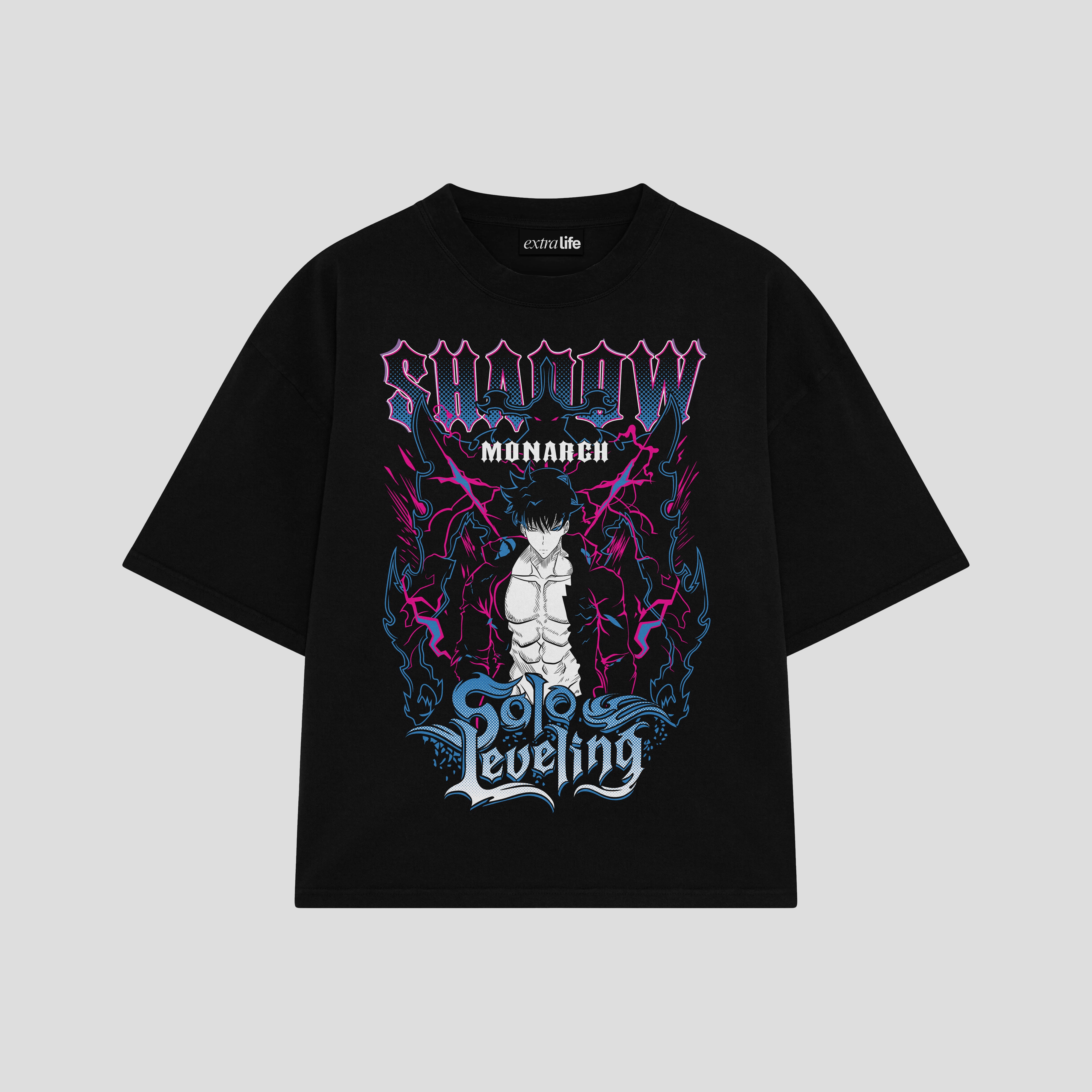 Playera streetwear premium de anime y gaming ExtraLife MX, corte boxy oversized drop shoulder heavyweight en color Deep Black y Off-White, moda urbana mexicana de culto.