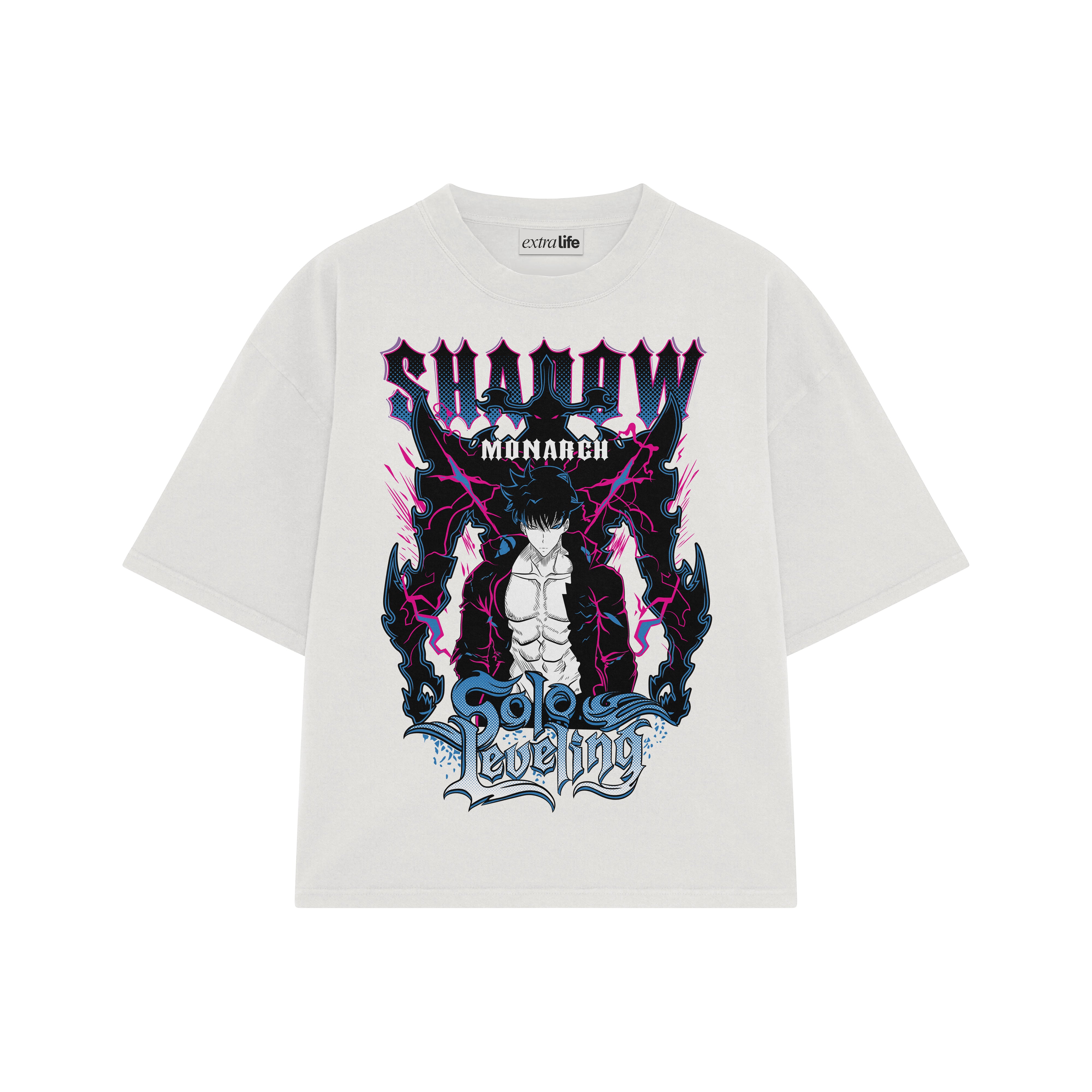 Playera streetwear premium de anime y gaming ExtraLife MX, corte boxy oversized drop shoulder heavyweight en color Deep Black y Off-White, moda urbana mexicana de culto.