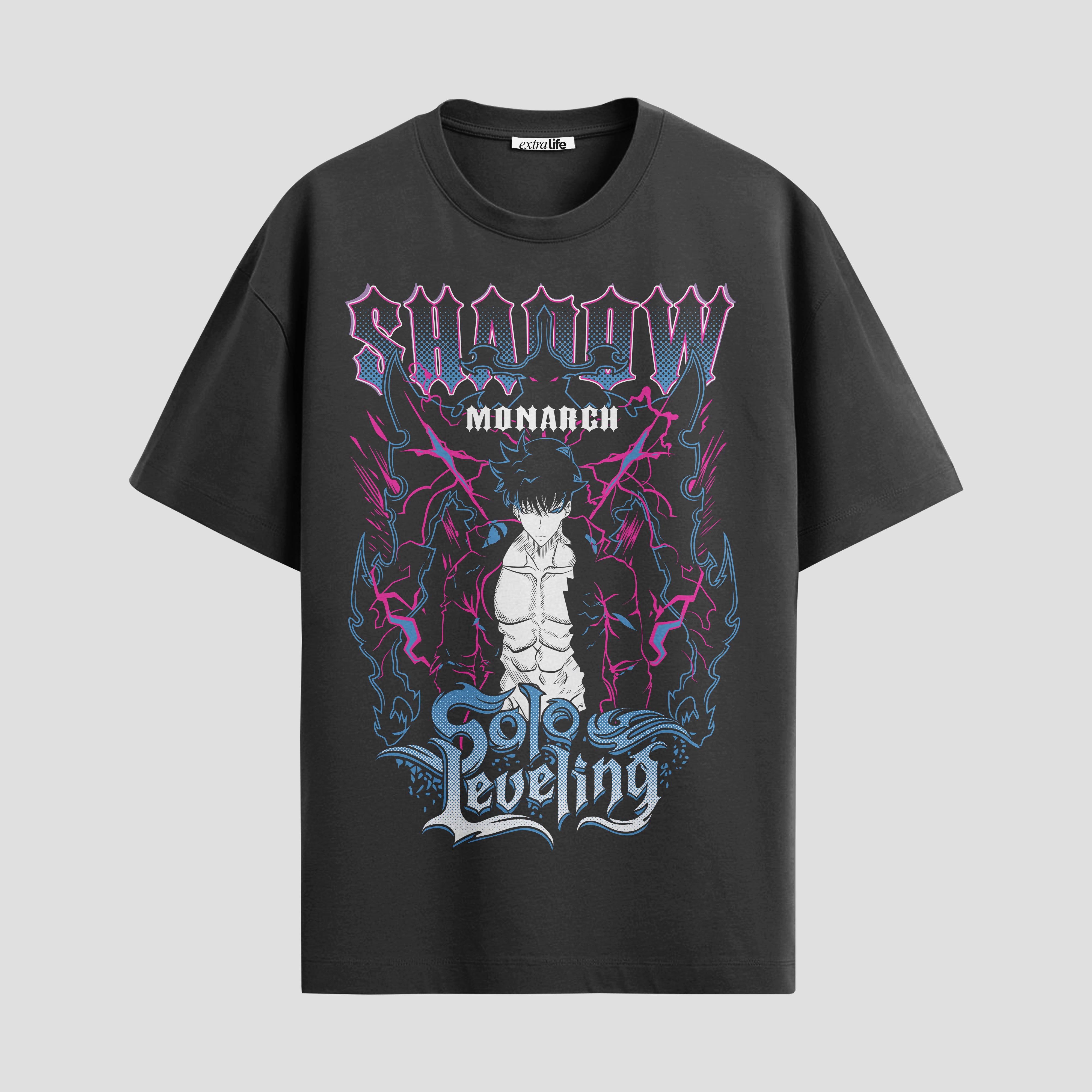 Playera urbana de anime y gaming ExtraLife MX, corte Standard Fit unisex ligero y transpirable en color Deep Black y Pure White, ropa de uso diario para gym y casual.