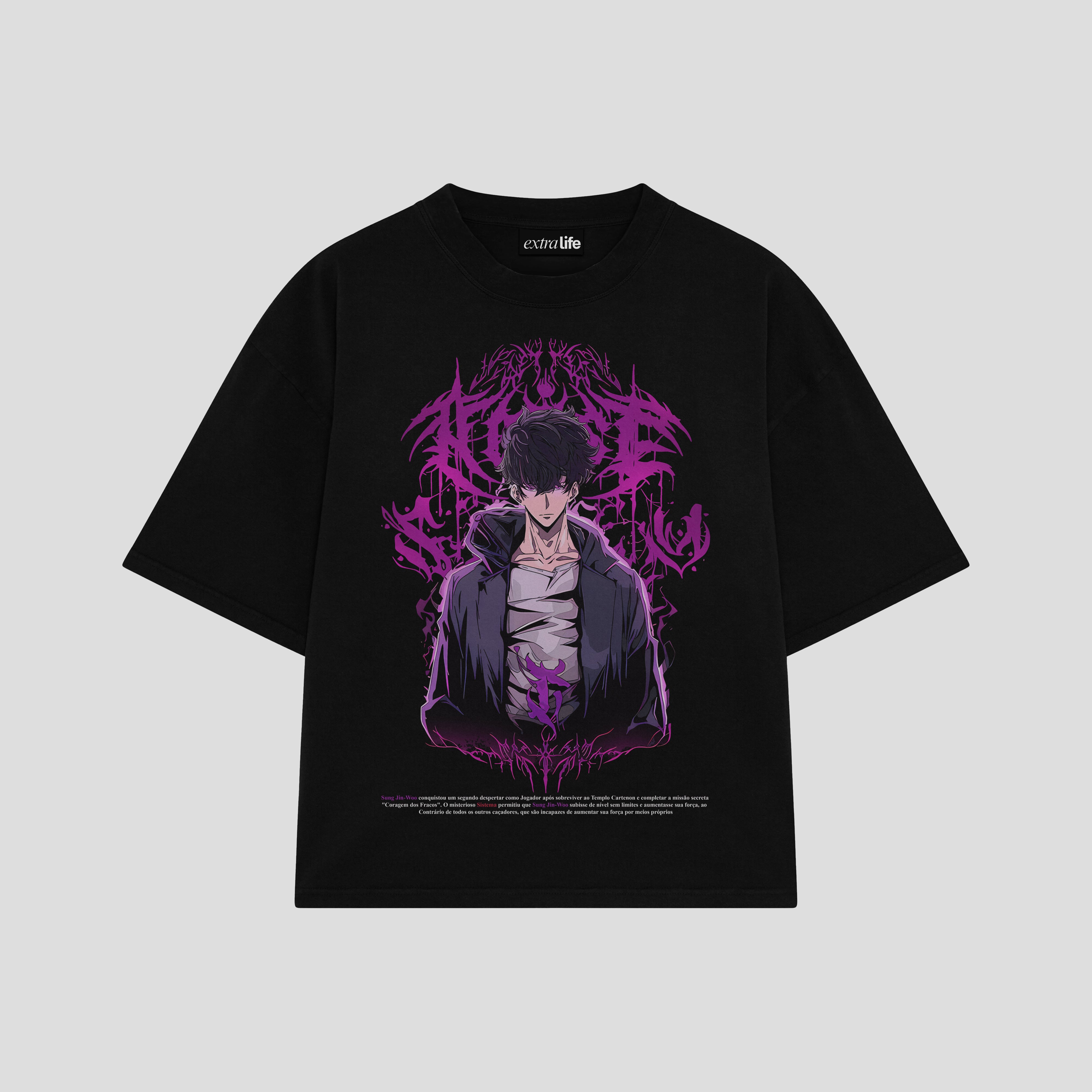 Playera streetwear premium de anime y gaming ExtraLife MX, corte boxy oversized drop shoulder heavyweight en color Deep Black y Off-White, moda urbana mexicana de culto.