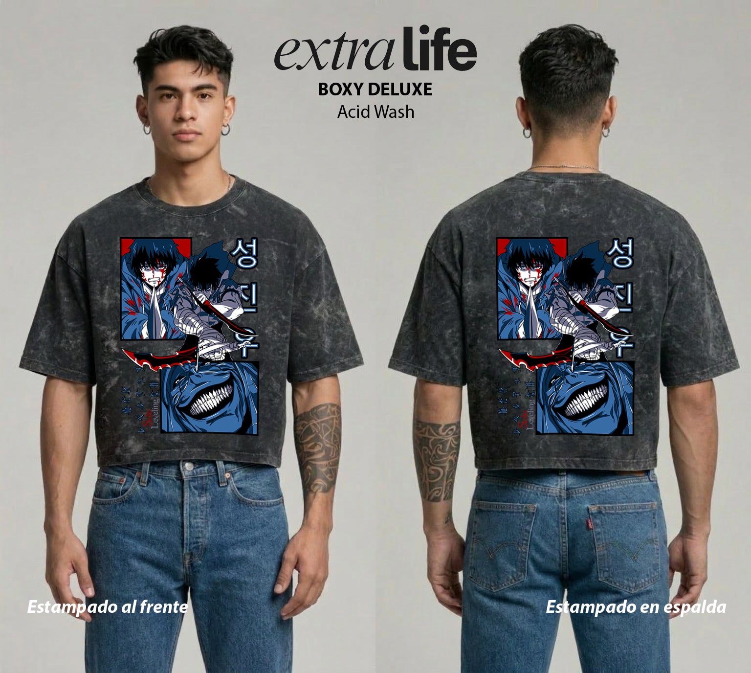 Playera streetwear premium de anime y gaming ExtraLife MX, corte boxy deluxe mineral wash heavyweight en color Acid Wash, moda urbana mexicana de culto.