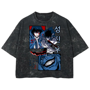 Playera streetwear premium de anime y gaming ExtraLife MX, corte boxy deluxe mineral wash heavyweight en color Acid Wash, moda urbana mexicana de culto.