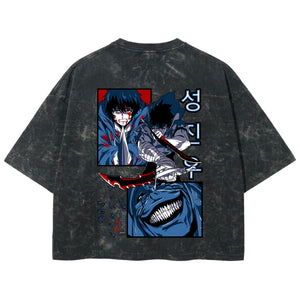 Playera streetwear premium de anime y gaming ExtraLife MX, corte boxy deluxe mineral wash heavyweight en color Acid Wash, moda urbana mexicana de culto.