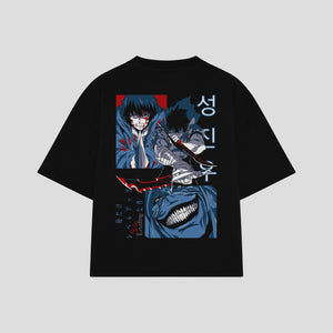 Playera streetwear premium de anime y gaming ExtraLife MX, corte boxy oversized drop shoulder heavyweight en color Deep Black y Off-White, moda urbana mexicana de culto.
