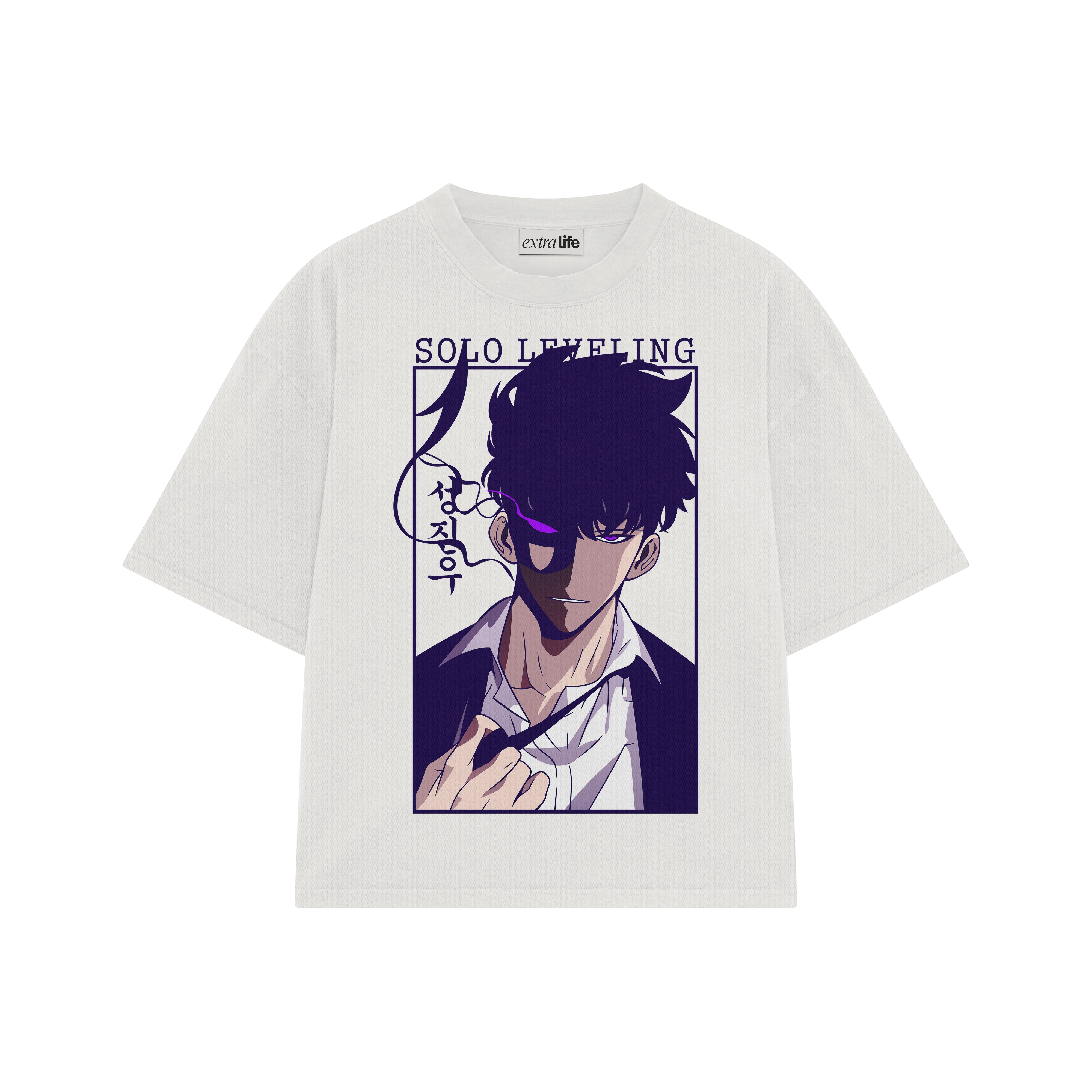 Playera streetwear premium de anime y gaming ExtraLife MX, corte boxy oversized drop shoulder heavyweight en color Deep Black y Off-White, moda urbana mexicana de culto.