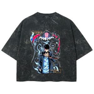 Playera streetwear premium de anime y gaming ExtraLife MX, corte boxy deluxe mineral wash heavyweight en color Acid Wash, moda urbana mexicana de culto.