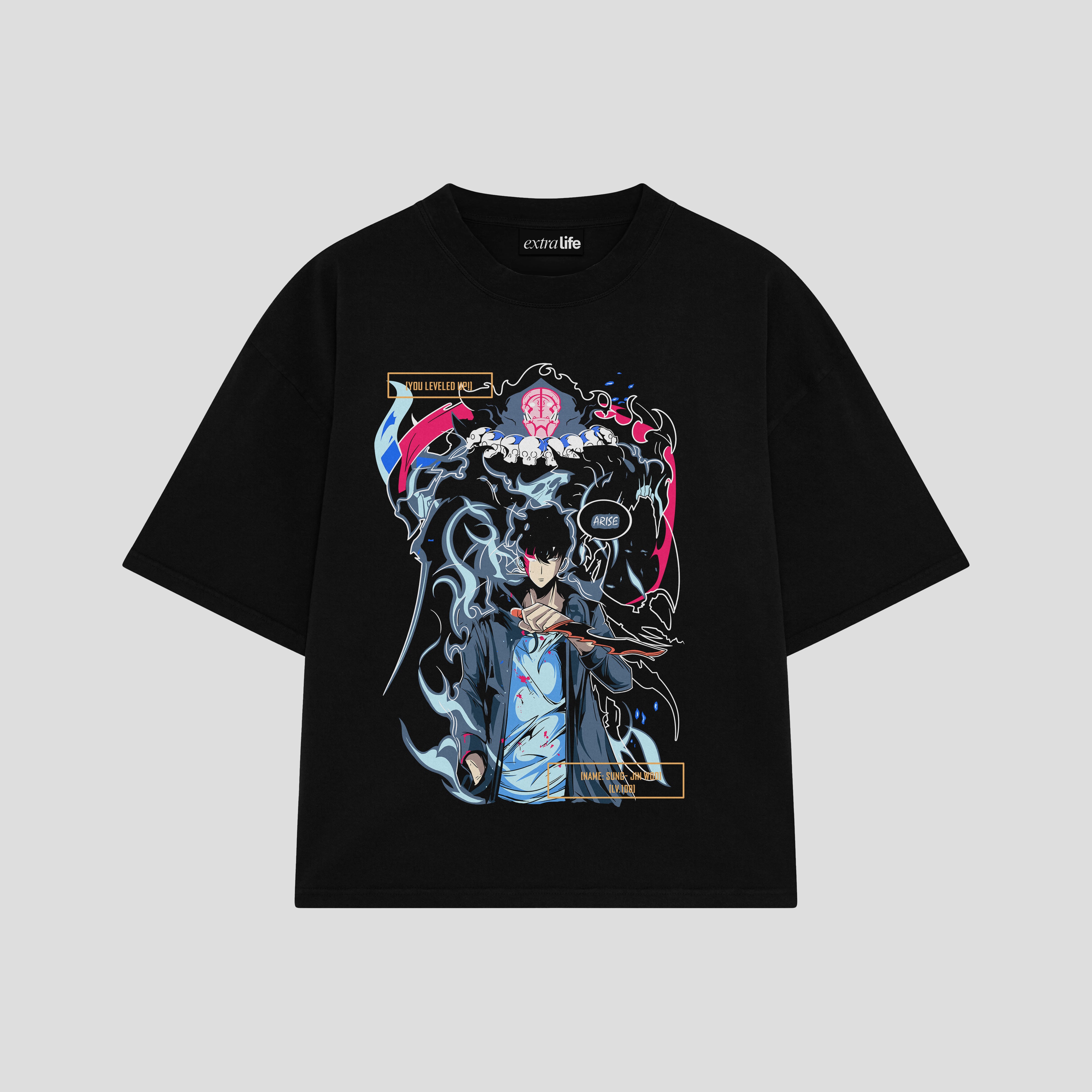 Playera streetwear premium de anime y gaming ExtraLife MX, corte boxy oversized drop shoulder heavyweight en color Deep Black y Off-White, moda urbana mexicana de culto.