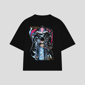 Playera streetwear premium de anime y gaming ExtraLife MX, corte boxy oversized drop shoulder heavyweight en color Deep Black y Off-White, moda urbana mexicana de culto.