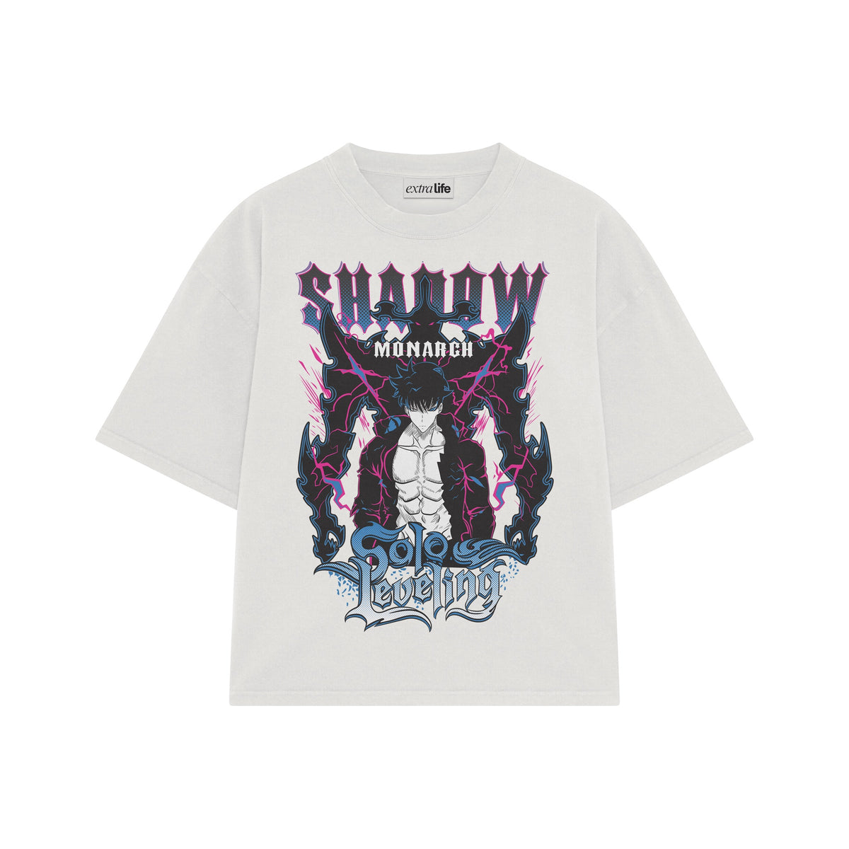 Playera streetwear premium de anime y gaming ExtraLife MX, corte oversized drop shoulder ligero y fresco en color Deep Black y Off-White, moda urbana mexicana de culto.