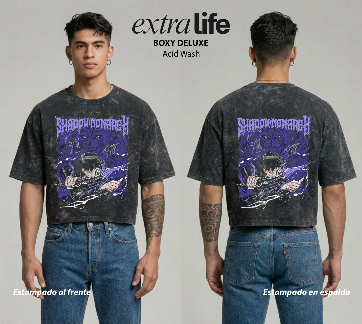 Playera streetwear premium de anime y gaming ExtraLife MX, corte boxy deluxe mineral wash heavyweight en color Acid Wash, moda urbana mexicana de culto.