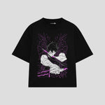 Playera streetwear premium de anime y gaming ExtraLife MX, corte boxy oversized drop shoulder heavyweight en color Deep Black y Off-White, moda urbana mexicana de culto.