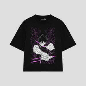 Playera streetwear premium de anime y gaming ExtraLife MX, corte boxy oversized drop shoulder heavyweight en color Deep Black y Off-White, moda urbana mexicana de culto.