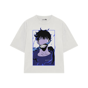 Playera streetwear premium de anime y gaming ExtraLife MX, corte boxy oversized drop shoulder heavyweight en color Deep Black y Off-White, moda urbana mexicana de culto.