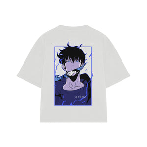 Playera streetwear premium de anime y gaming ExtraLife MX, corte boxy oversized drop shoulder heavyweight en color Deep Black y Off-White, moda urbana mexicana de culto.