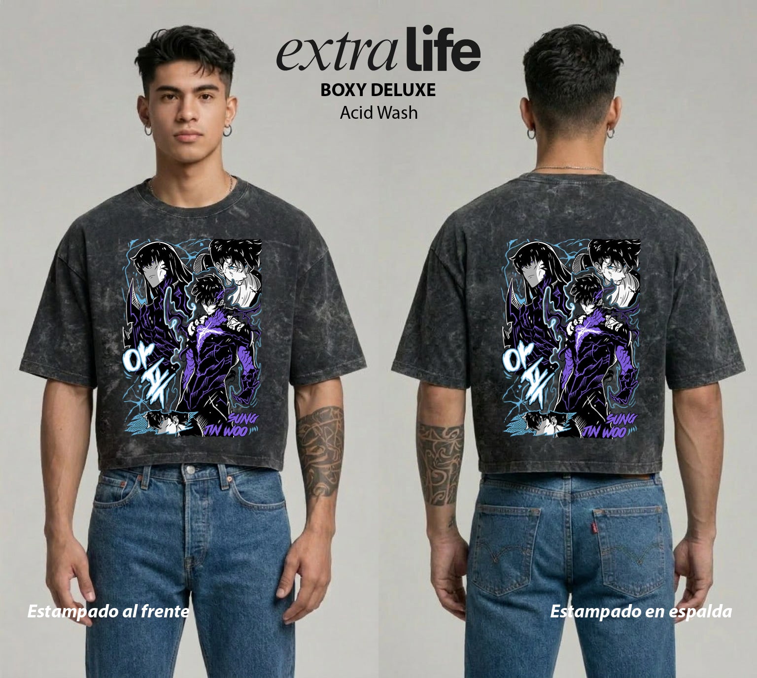 Playera streetwear premium de anime y gaming ExtraLife MX, corte boxy deluxe mineral wash heavyweight en color Acid Wash, moda urbana mexicana de culto.
