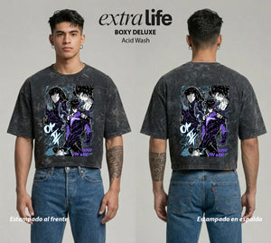 Playera streetwear premium de anime y gaming ExtraLife MX, corte boxy deluxe mineral wash heavyweight en color Acid Wash, moda urbana mexicana de culto.