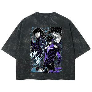 Playera streetwear premium de anime y gaming ExtraLife MX, corte boxy deluxe mineral wash heavyweight en color Acid Wash, moda urbana mexicana de culto.