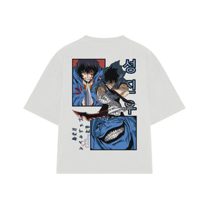 Playera streetwear premium de anime y gaming ExtraLife MX, corte boxy oversized drop shoulder heavyweight en color Deep Black y Off-White, moda urbana mexicana de culto.