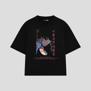 Playera streetwear premium de anime y gaming ExtraLife MX, corte boxy oversized drop shoulder heavyweight en color Deep Black y Off-White, moda urbana mexicana de culto.