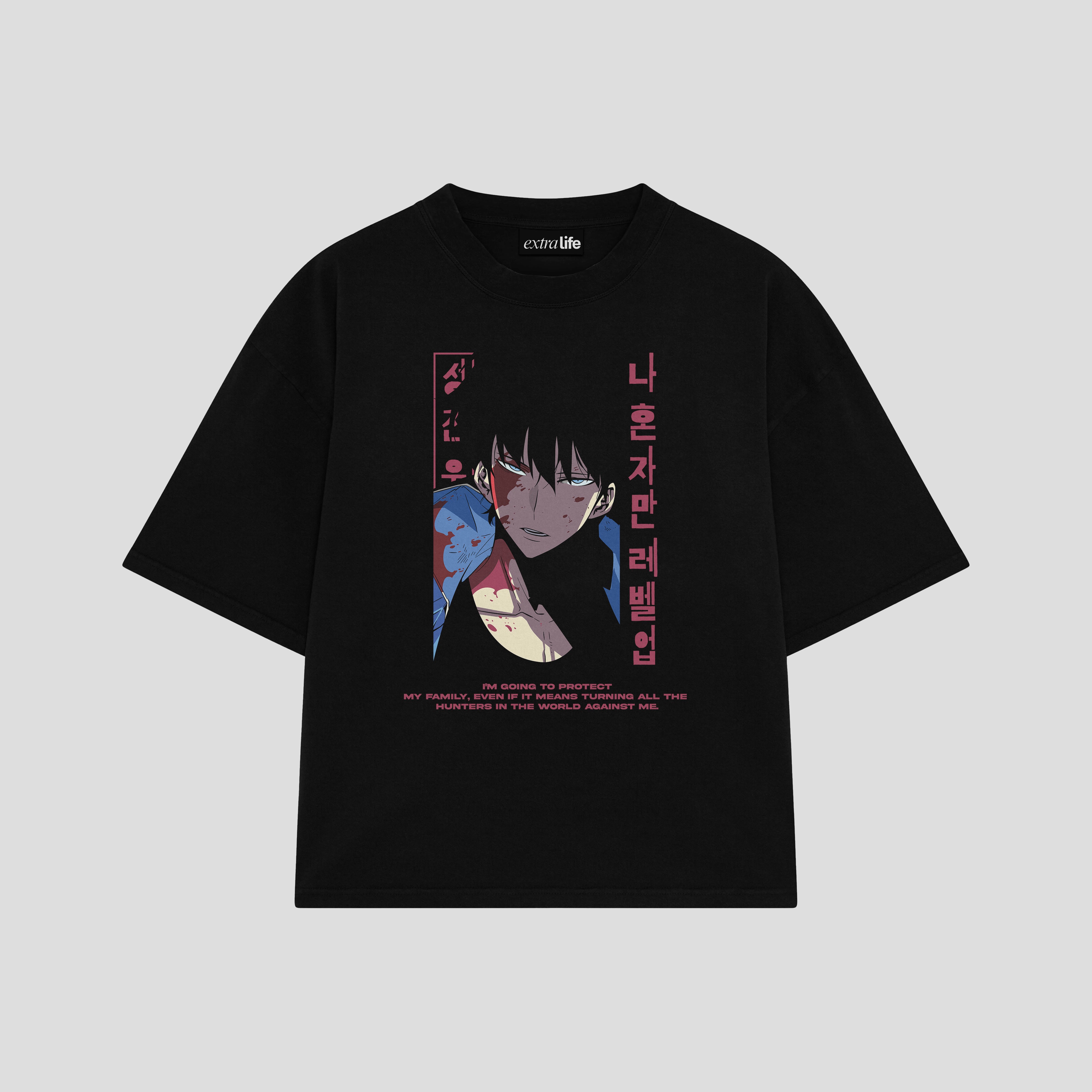 Playera streetwear premium de anime y gaming ExtraLife MX, corte boxy oversized drop shoulder heavyweight en color Deep Black y Off-White, moda urbana mexicana de culto.