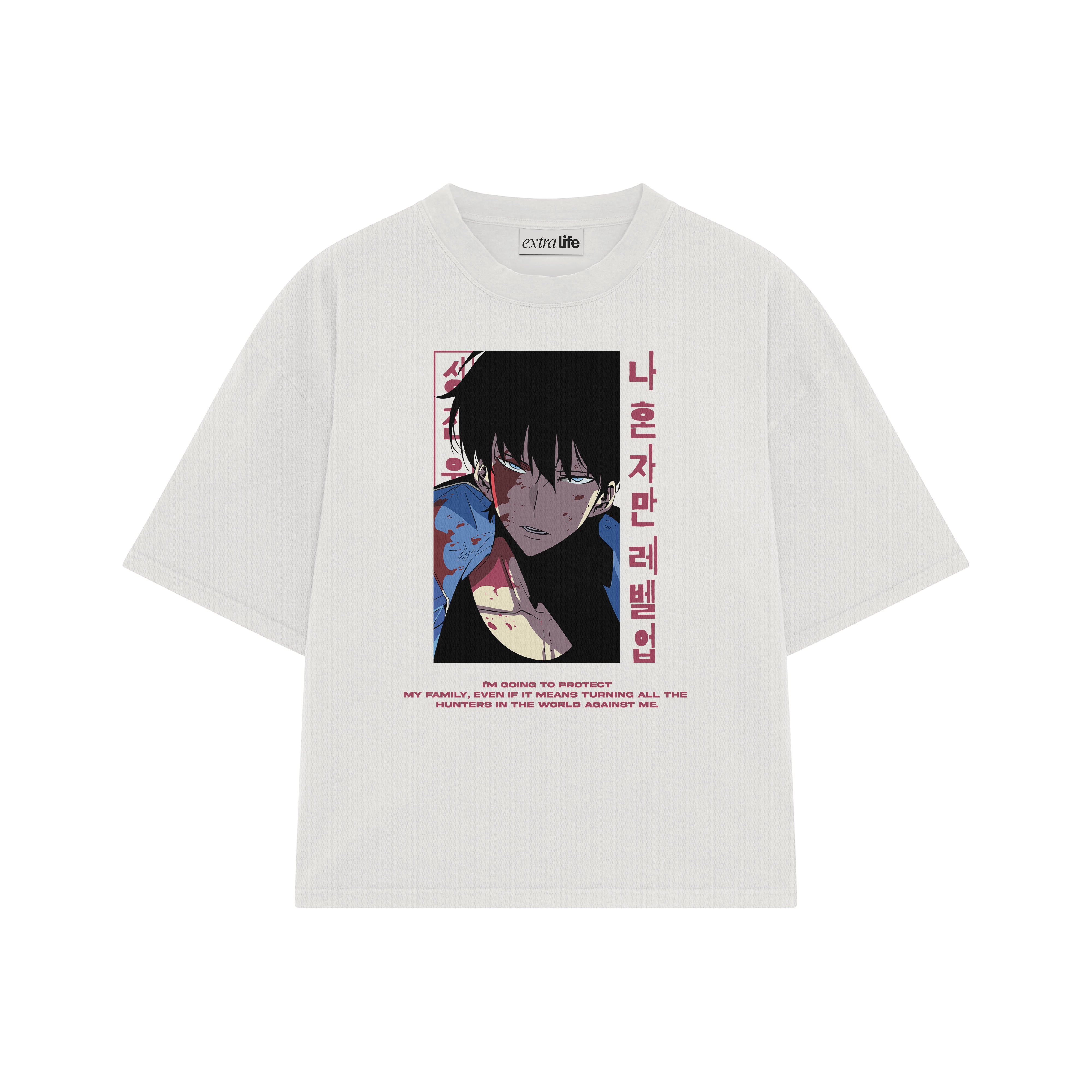 Playera streetwear premium de anime y gaming ExtraLife MX, corte boxy oversized drop shoulder heavyweight en color Deep Black y Off-White, moda urbana mexicana de culto.