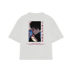 Playera streetwear premium de anime y gaming ExtraLife MX, corte boxy oversized drop shoulder heavyweight en color Deep Black y Off-White, moda urbana mexicana de culto.
