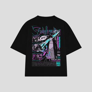 Playera streetwear premium de anime y gaming ExtraLife MX, corte boxy oversized drop shoulder heavyweight en color Deep Black y Off-White, moda urbana mexicana de culto.