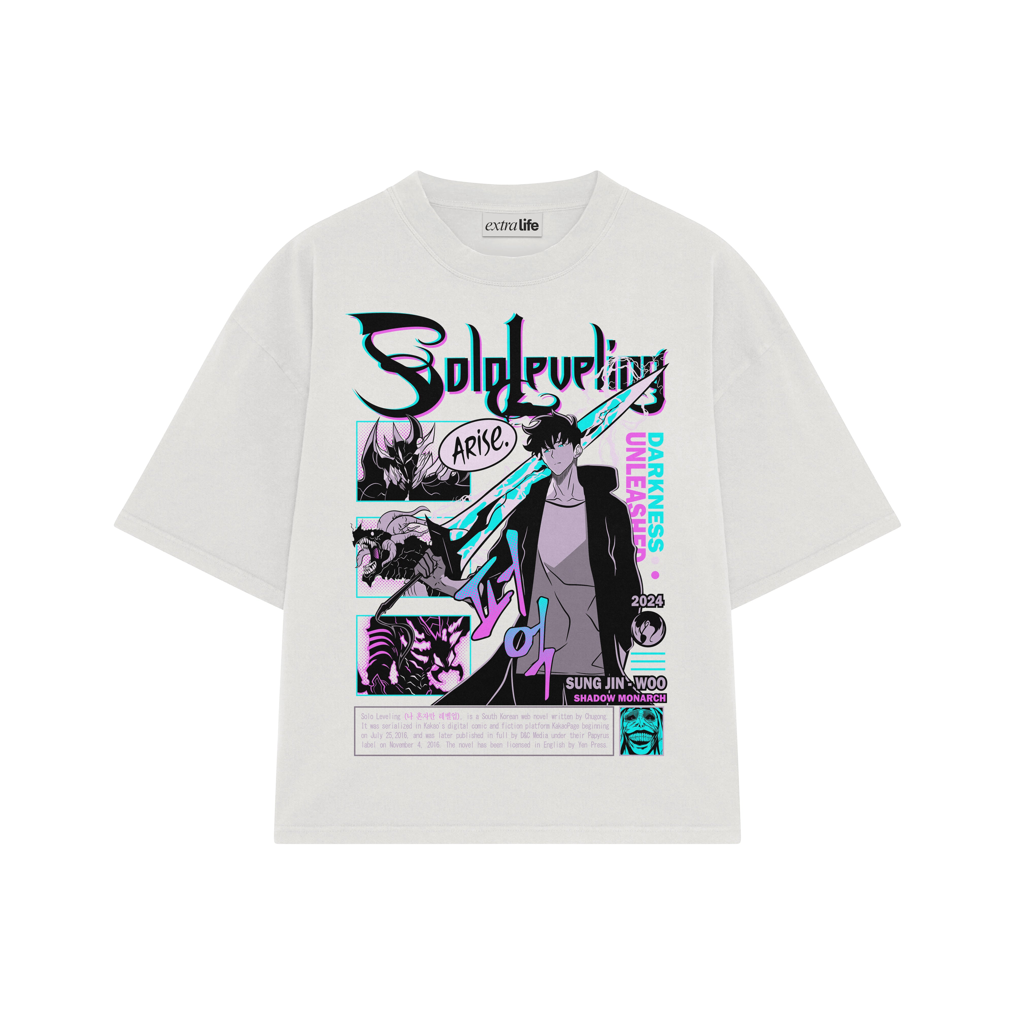 Playera streetwear premium de anime y gaming ExtraLife MX, corte boxy oversized drop shoulder heavyweight en color Deep Black y Off-White, moda urbana mexicana de culto.