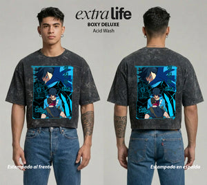 Playera streetwear premium de anime y gaming ExtraLife MX, corte boxy deluxe mineral wash heavyweight en color Acid Wash, moda urbana mexicana de culto.