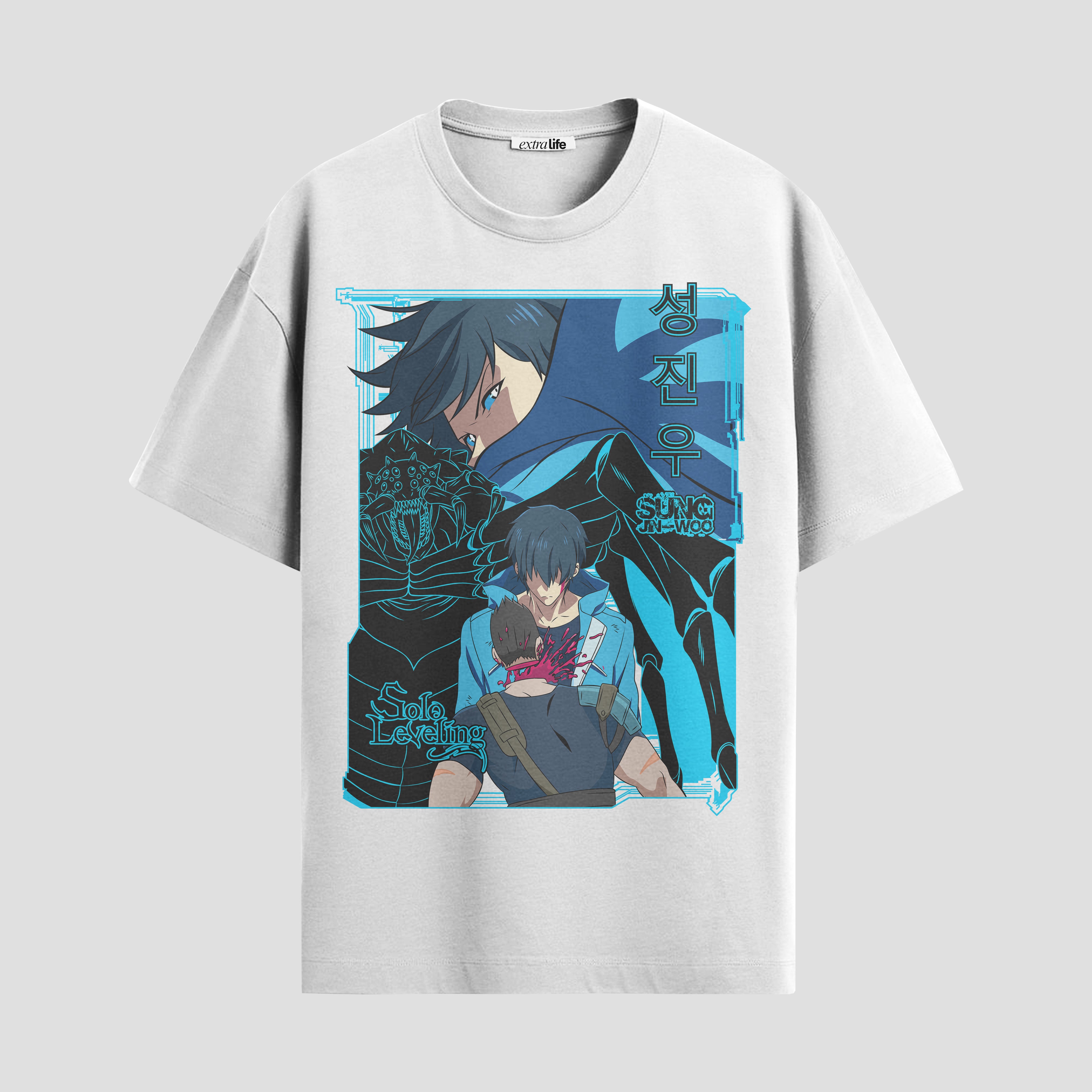 Playera urbana de anime y gaming ExtraLife MX, corte Standard Fit unisex ligero y transpirable en color Deep Black y Pure White, ropa de uso diario para gym y casual.