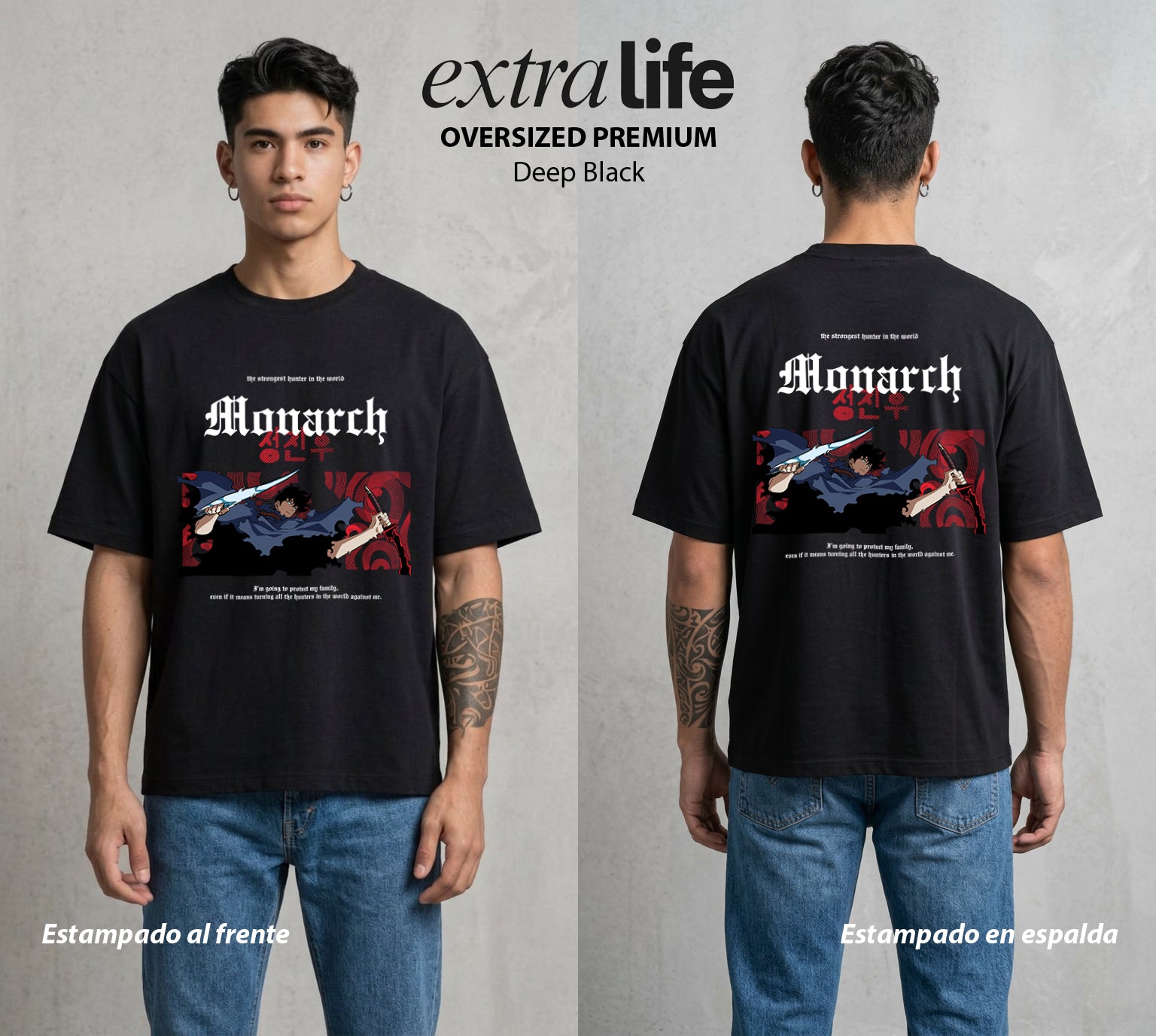 El Cazador Solitario | El Nivel del Bien #04067 - Playera Oversized Premium | Deep Black - Foto en modelo