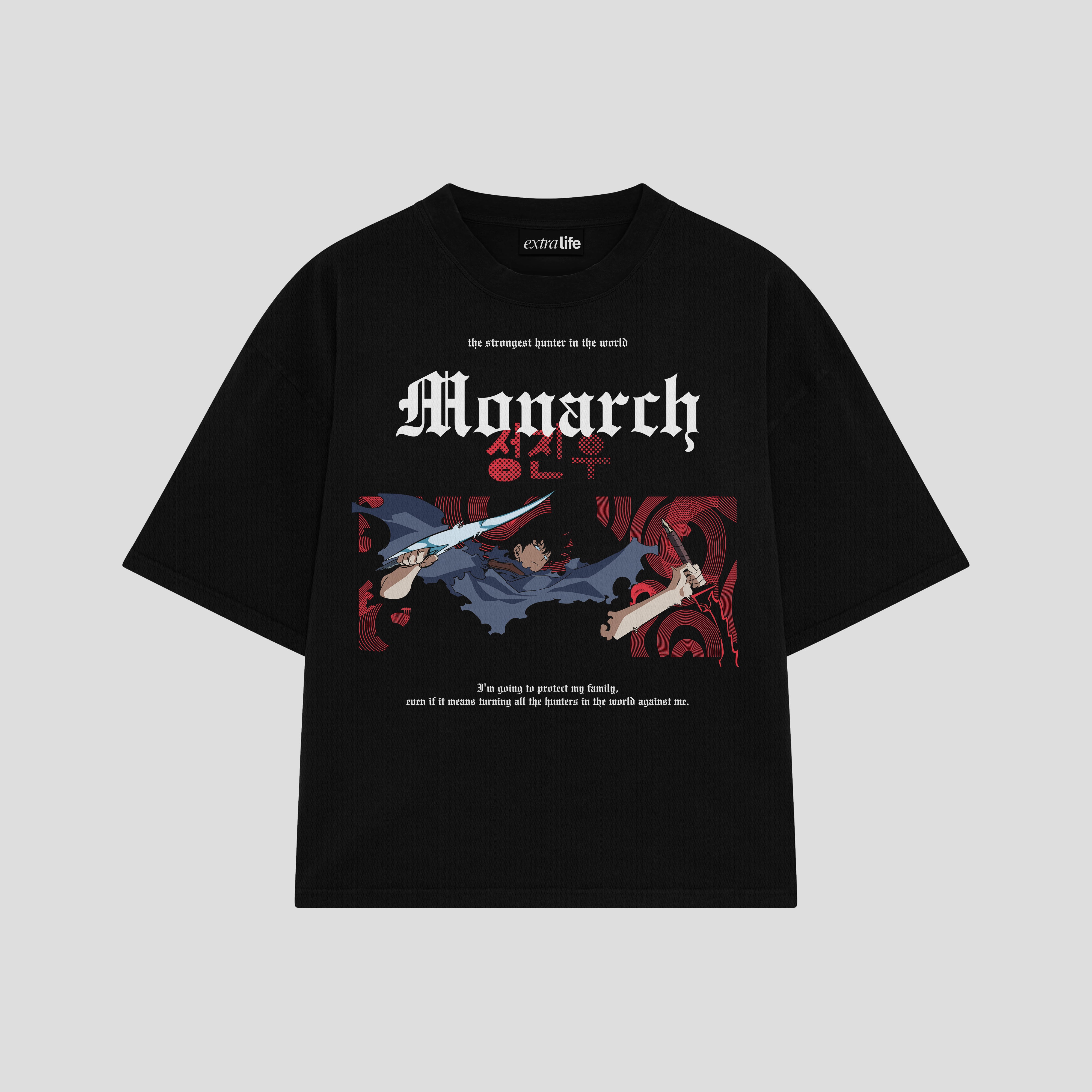 Playera streetwear premium de anime y gaming ExtraLife MX, corte boxy oversized drop shoulder heavyweight en color Deep Black y Off-White, moda urbana mexicana de culto.