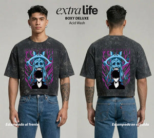 Playera streetwear premium de anime y gaming ExtraLife MX, corte boxy deluxe mineral wash heavyweight en color Acid Wash, moda urbana mexicana de culto.
