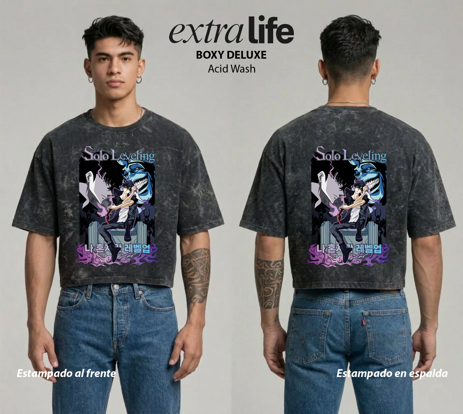Playera streetwear premium de anime y gaming ExtraLife MX, corte boxy deluxe mineral wash heavyweight en color Acid Wash, moda urbana mexicana de culto.