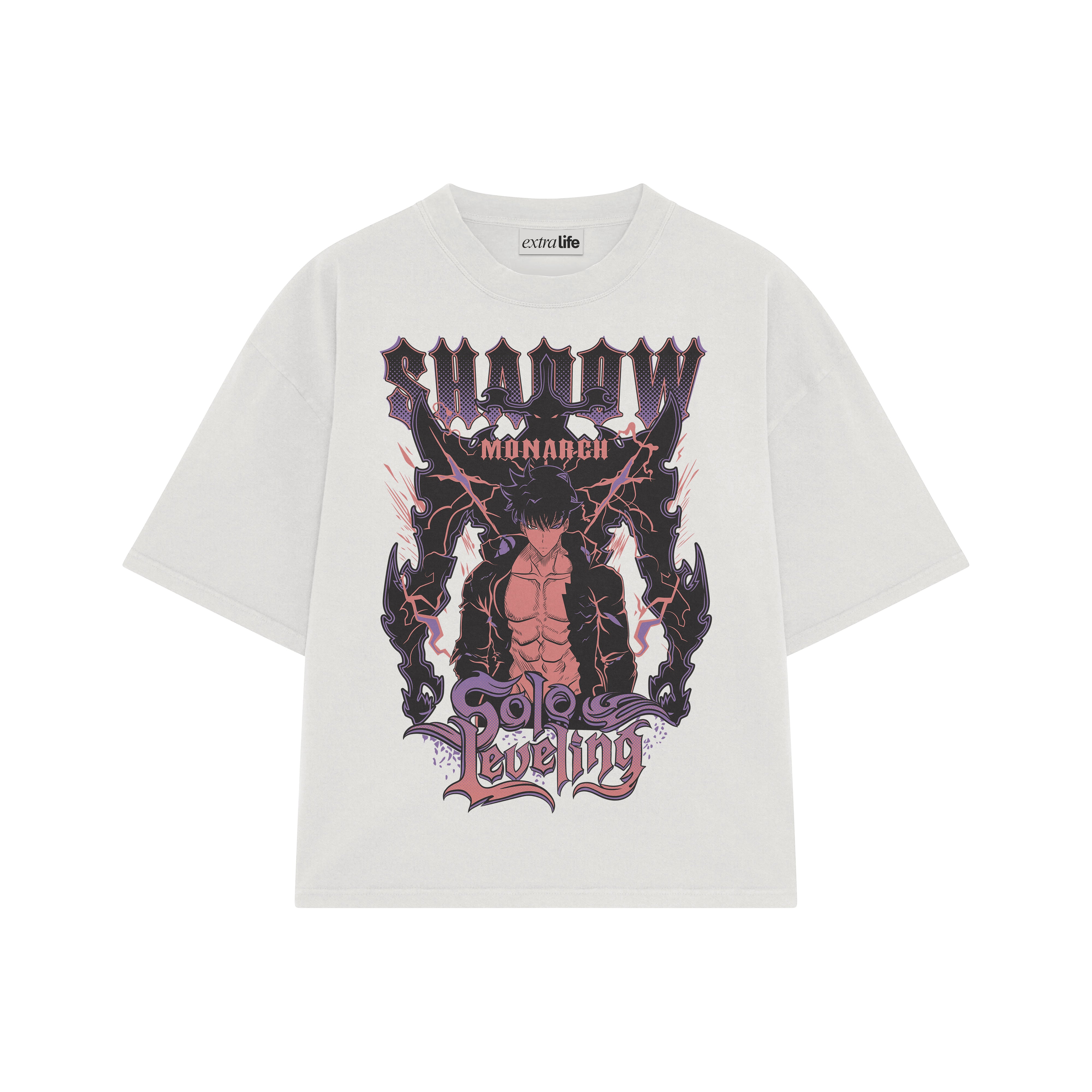 Playera streetwear premium de anime y gaming ExtraLife MX, corte boxy oversized drop shoulder heavyweight en color Deep Black y Off-White, moda urbana mexicana de culto.
