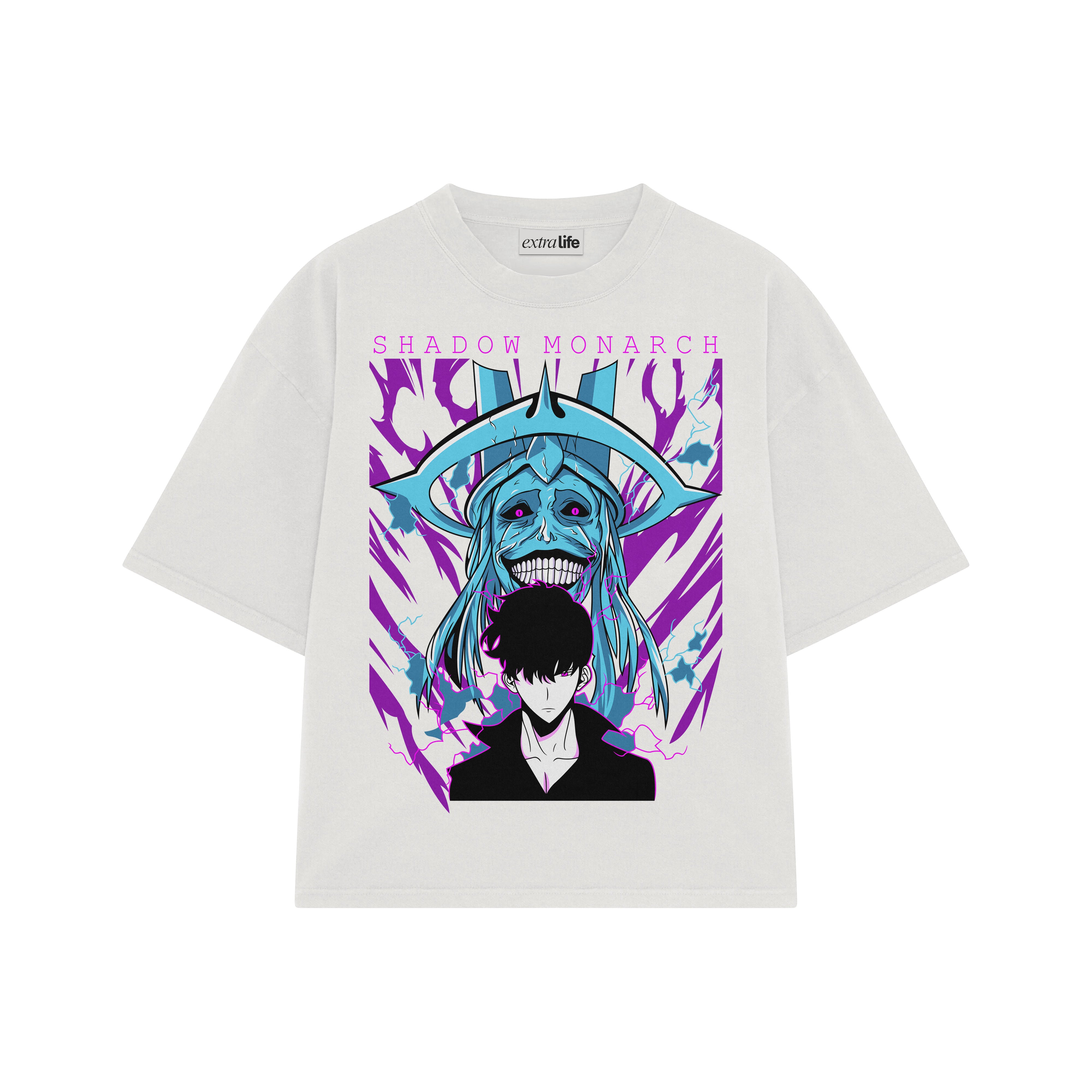 Playera streetwear premium de anime y gaming ExtraLife MX, corte boxy oversized drop shoulder heavyweight en color Deep Black y Off-White, moda urbana mexicana de culto.