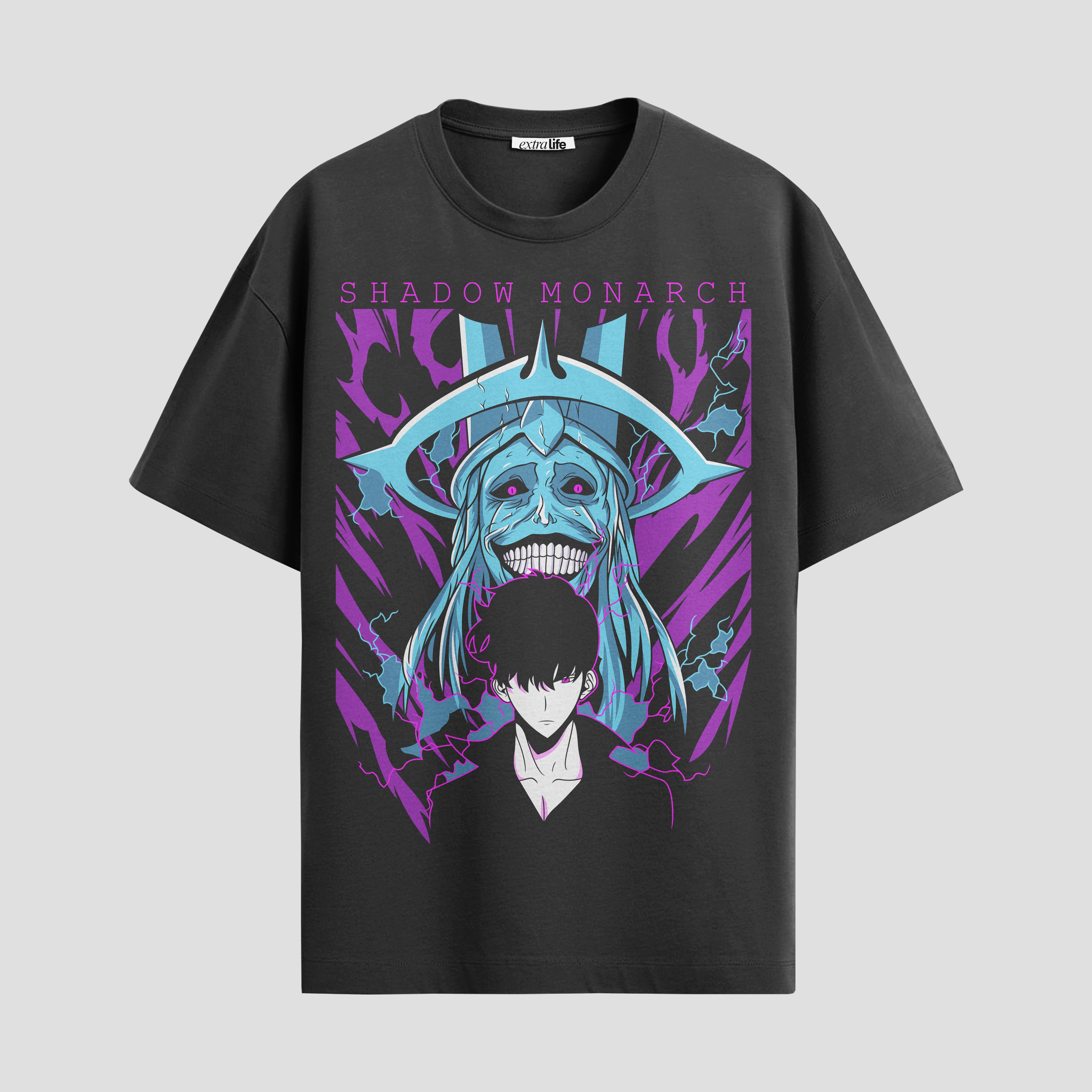 Playera urbana de anime y gaming ExtraLife MX, corte Standard Fit unisex ligero y transpirable en color Deep Black y Pure White, ropa de uso diario para gym y casual.