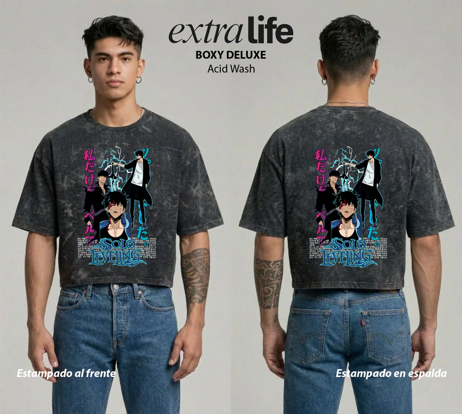 Playera streetwear premium de anime y gaming ExtraLife MX, corte boxy deluxe mineral wash heavyweight en color Acid Wash, moda urbana mexicana de culto.