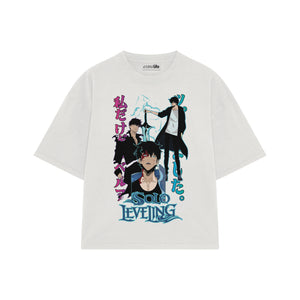 Playera streetwear premium de anime y gaming ExtraLife MX, corte boxy oversized drop shoulder heavyweight en color Deep Black y Off-White, moda urbana mexicana de culto.