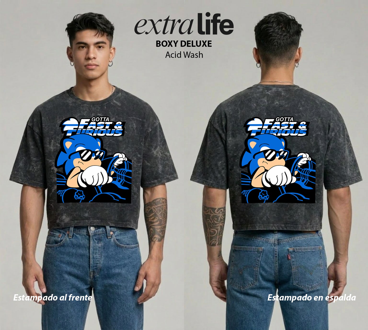 Playera streetwear premium de anime y gaming ExtraLife MX, corte boxy deluxe mineral wash heavyweight en color Acid Wash, moda urbana mexicana de culto.