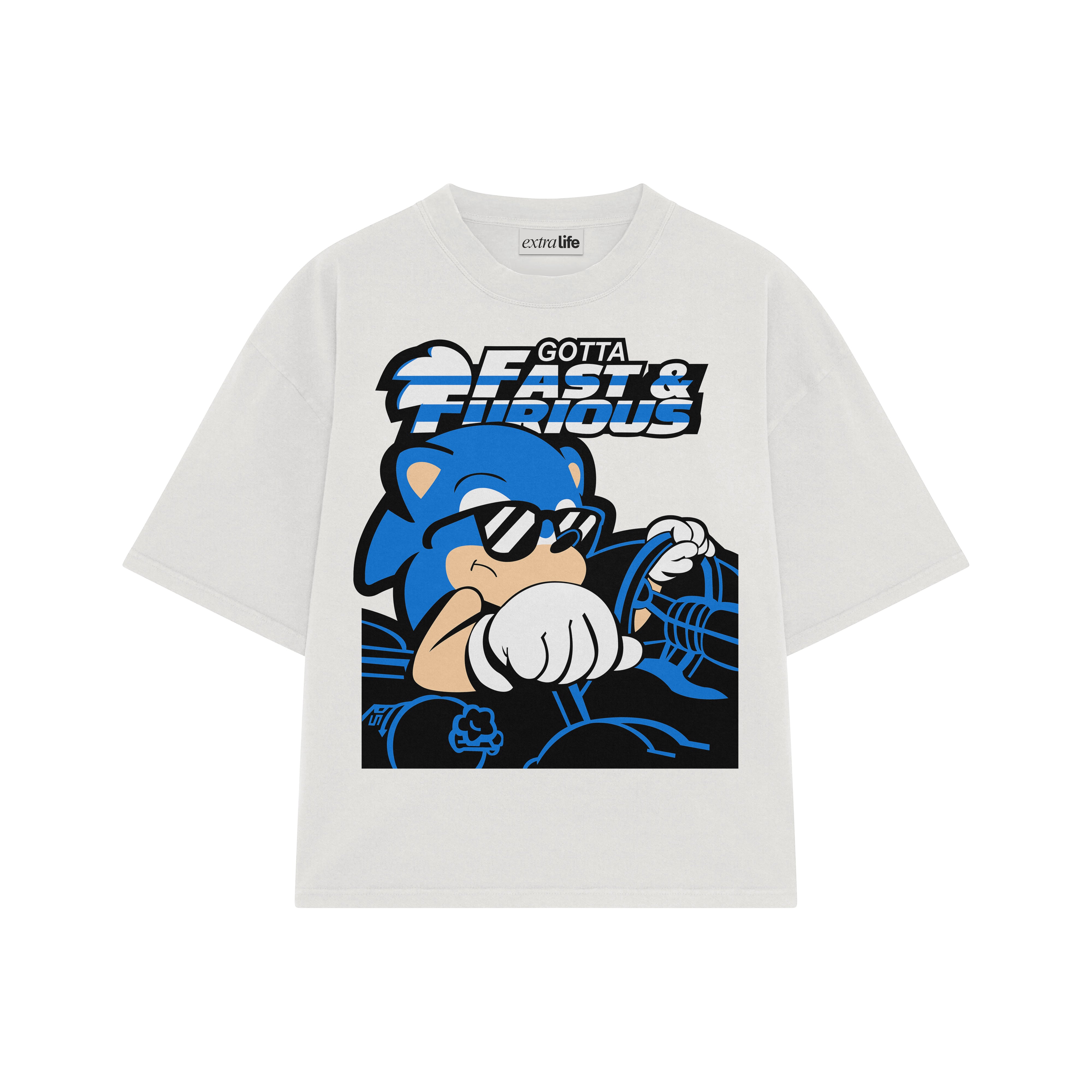 Playera streetwear premium de anime y gaming ExtraLife MX, corte boxy oversized drop shoulder heavyweight en color Deep Black y Off-White, moda urbana mexicana de culto.